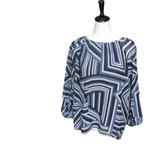CALVIN Klein Blue/Black Geometric Pattern Sheer Sleeve Blouse Size Medium - Picture 1 of 4